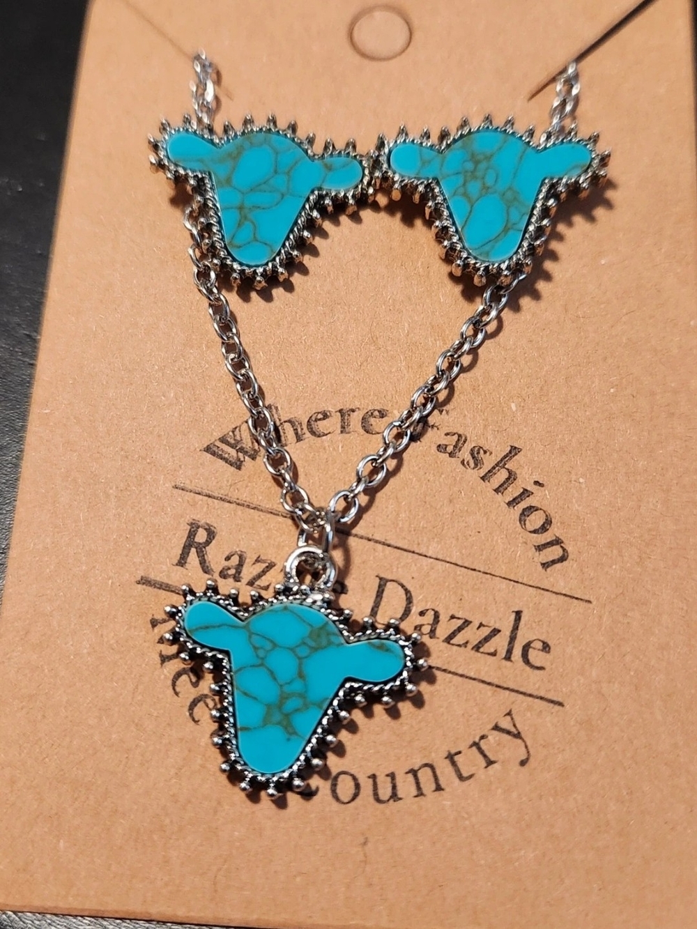 Turquoise Calf Or Cow Head Necklace and Earrings Set